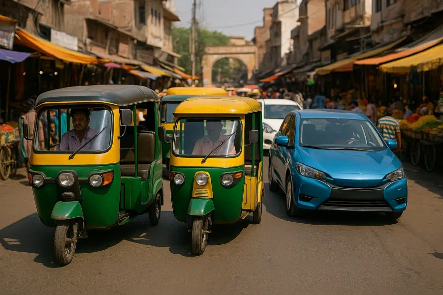 Indian city street with electric autorickshaws and small EVs